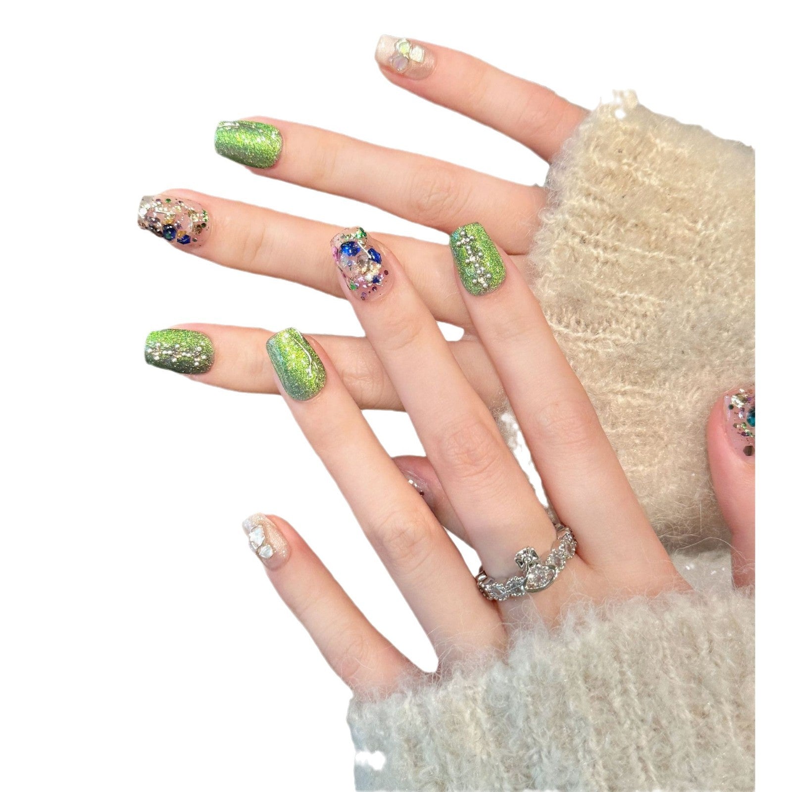 365nails: "Emerald Galaxy" – 3D 骷髏與全息亮粉 手工製 短款 方形 穿戴甲