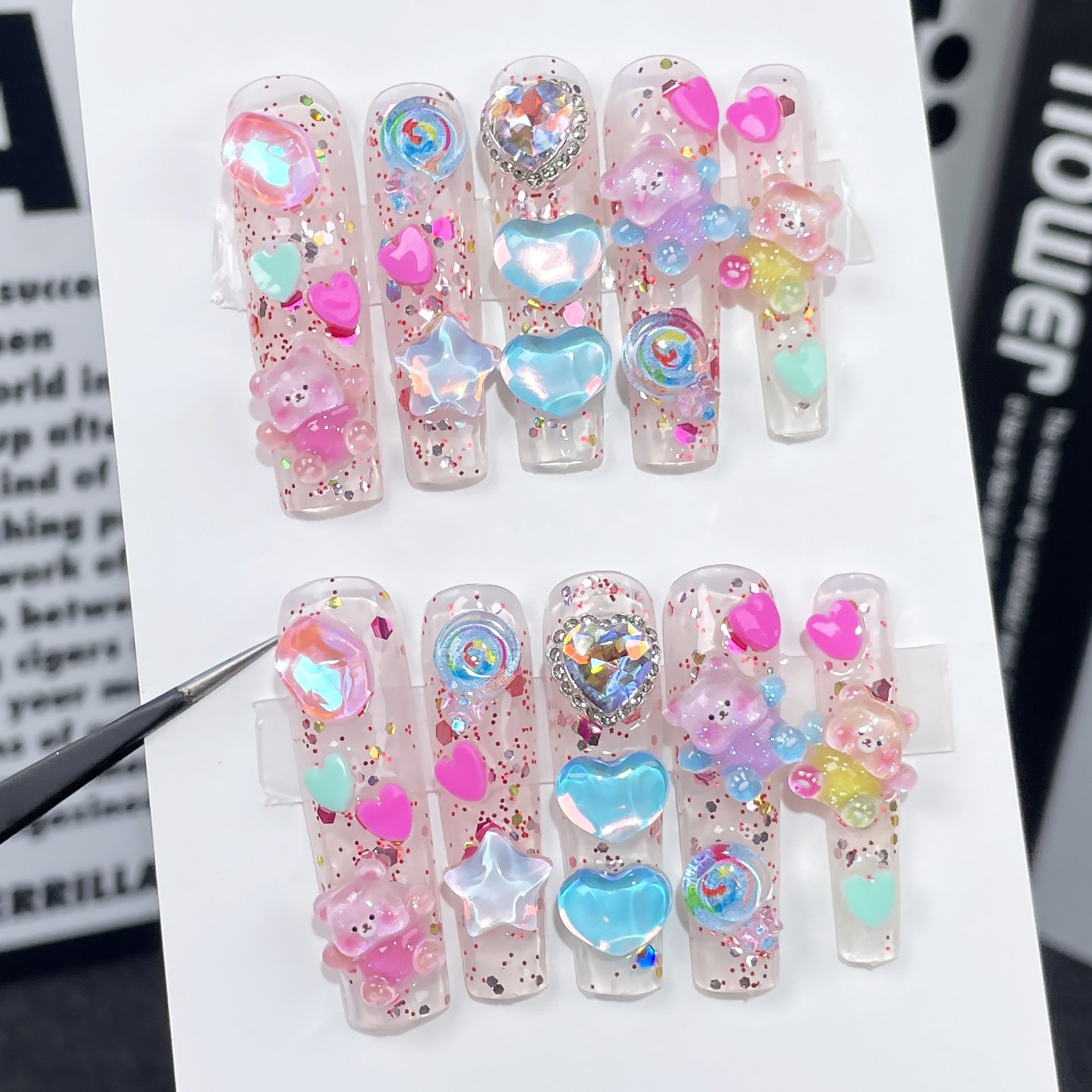 Uñas postizas extralargas ovaladas, hechas a mano, efecto hielo brillante, Spice Girls｜365nails