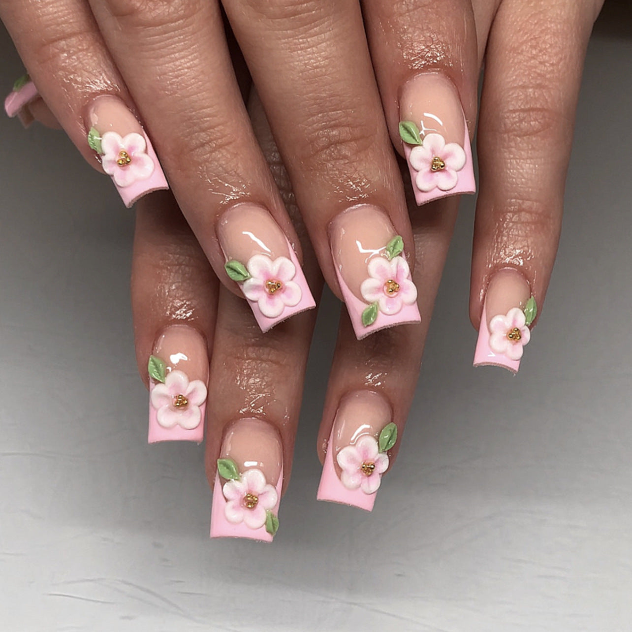 Medium and long 3D three-dimensional pink flower French square press-on nails