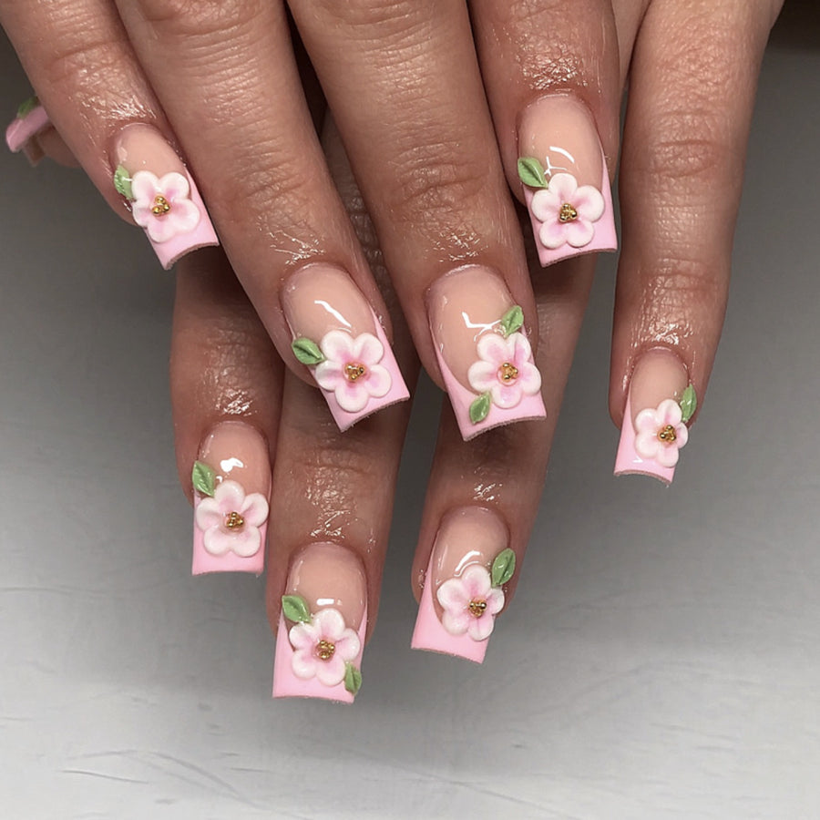 Medium and long 3D three-dimensional pink flower French square press-on nails