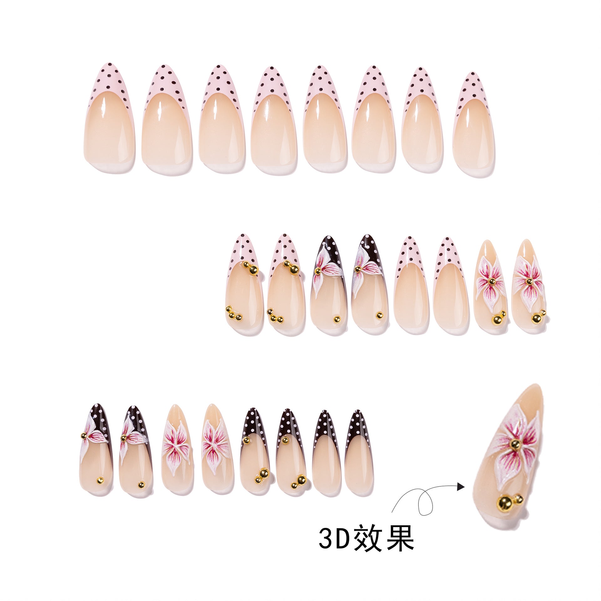 365nails: "3D Pink Flower with Polka Dot French Stiletto" – Elegant Press-on Nails