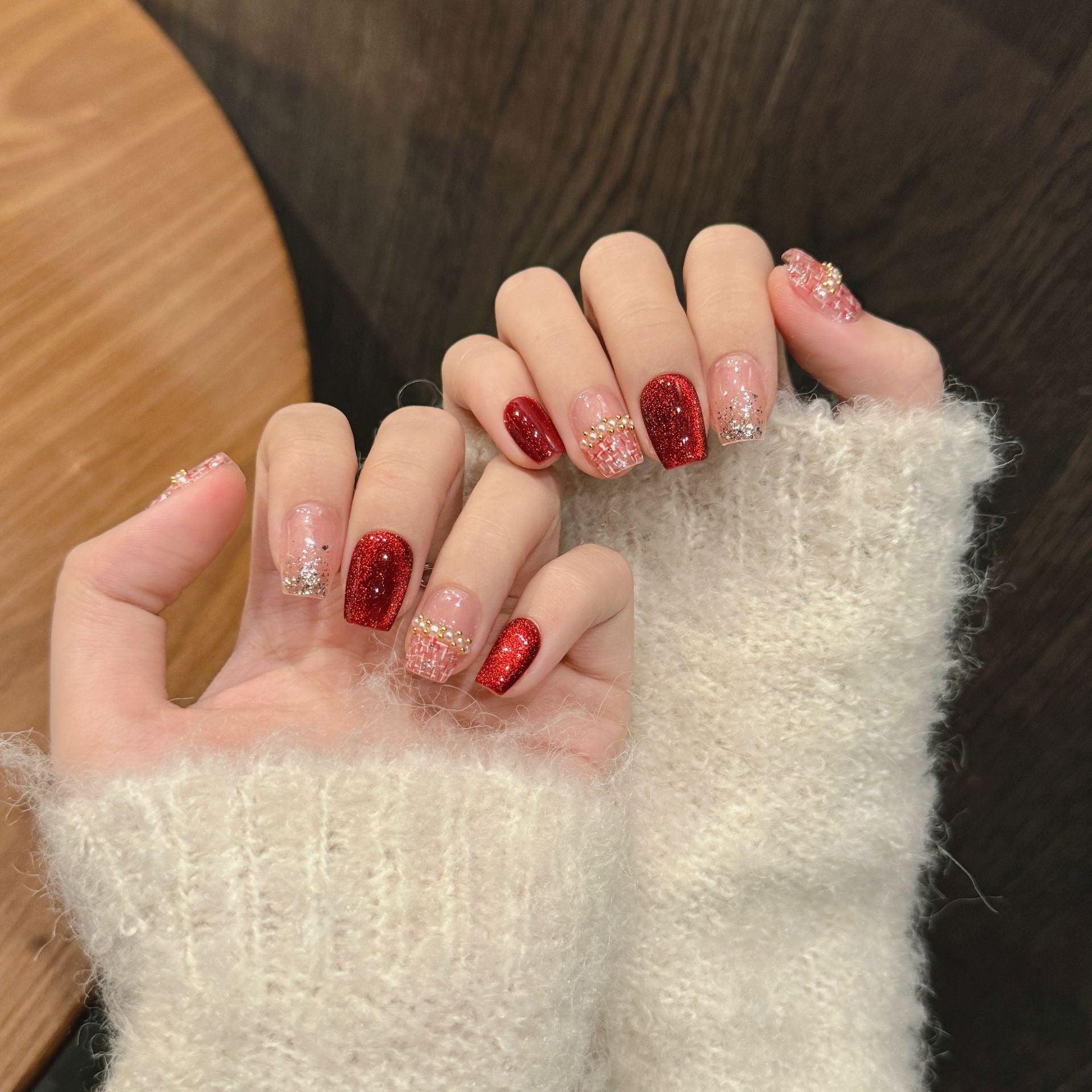 365nails: "트위드 루즈" – 3D 트위드 텍스처 & 캣아이 수제 스퀘어형 프레스온 네일