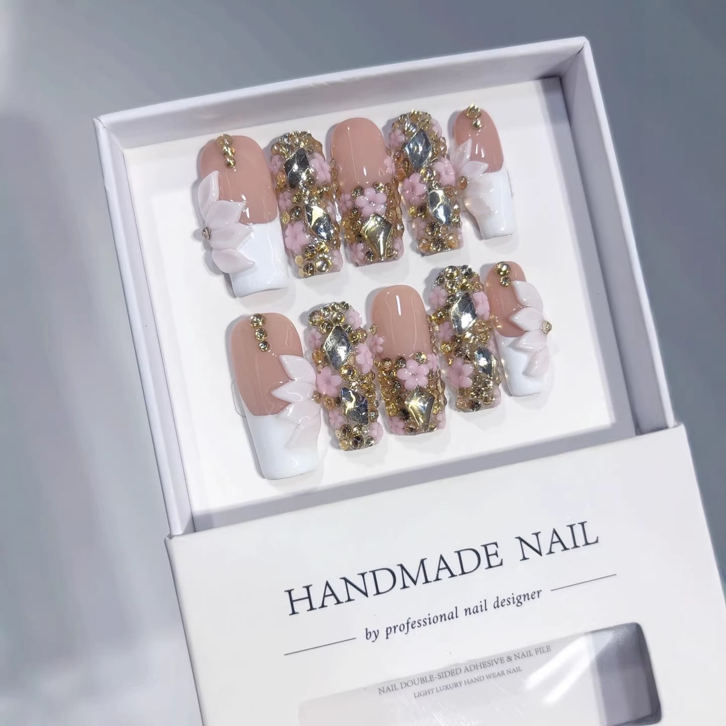 365nails: "Golden Sakura Bow" – Short Square Nude French 3D Flower Handmade Press-On Nails