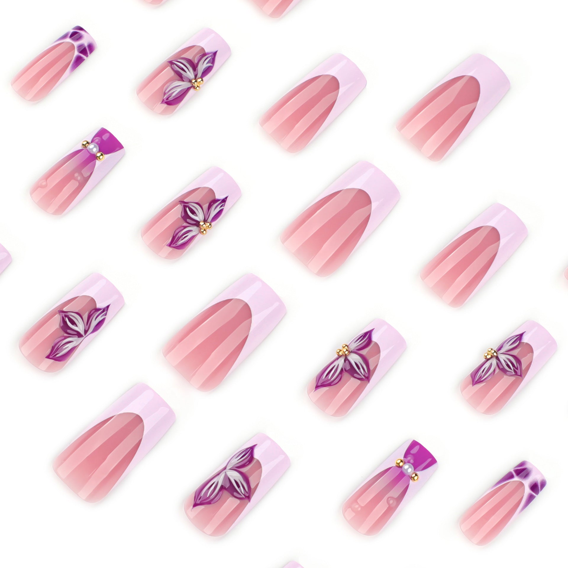 Long Square Press On Nails with Pink Base & Purple Floral & Accents