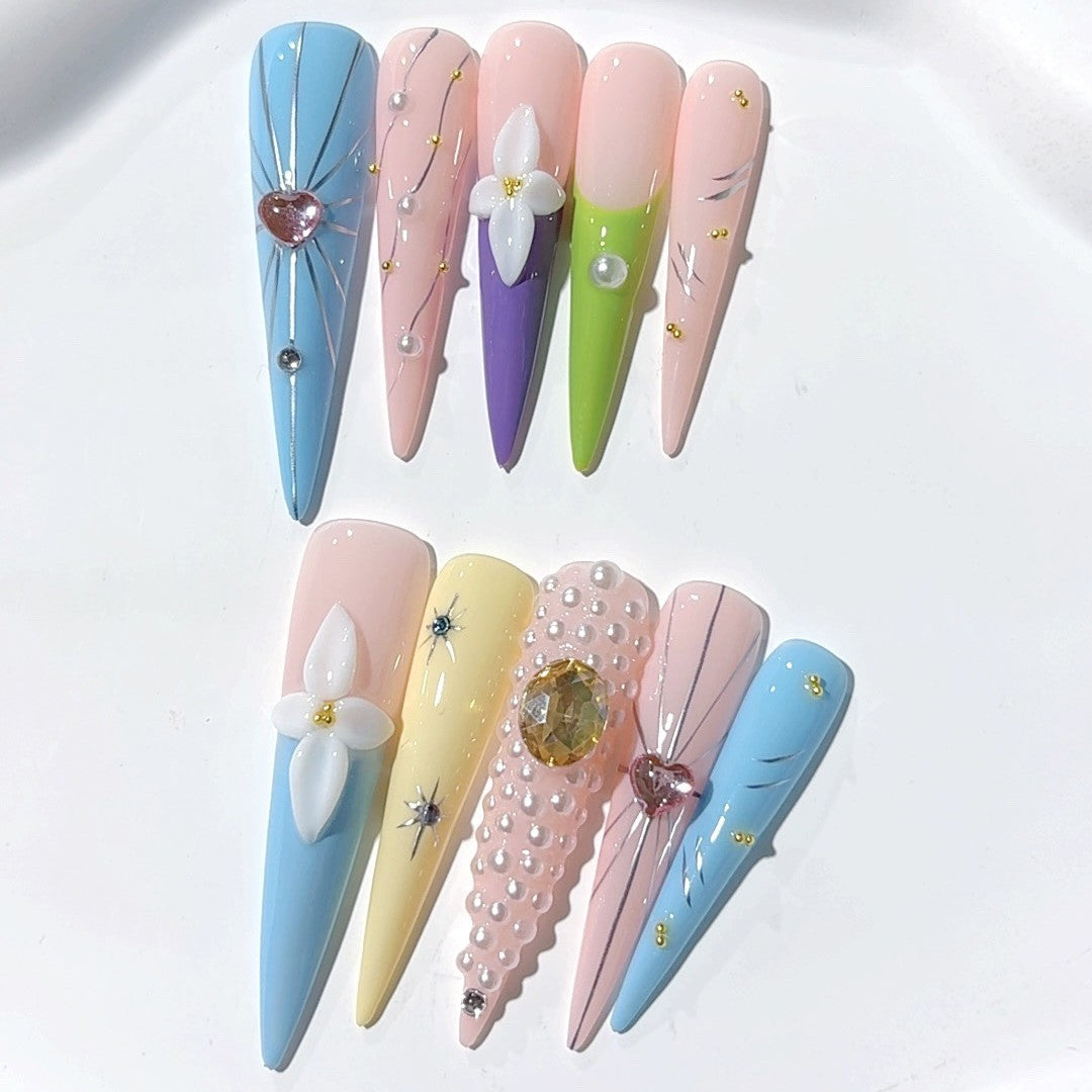 Pastel Floral Crystal Sculpted Press On Nail Set