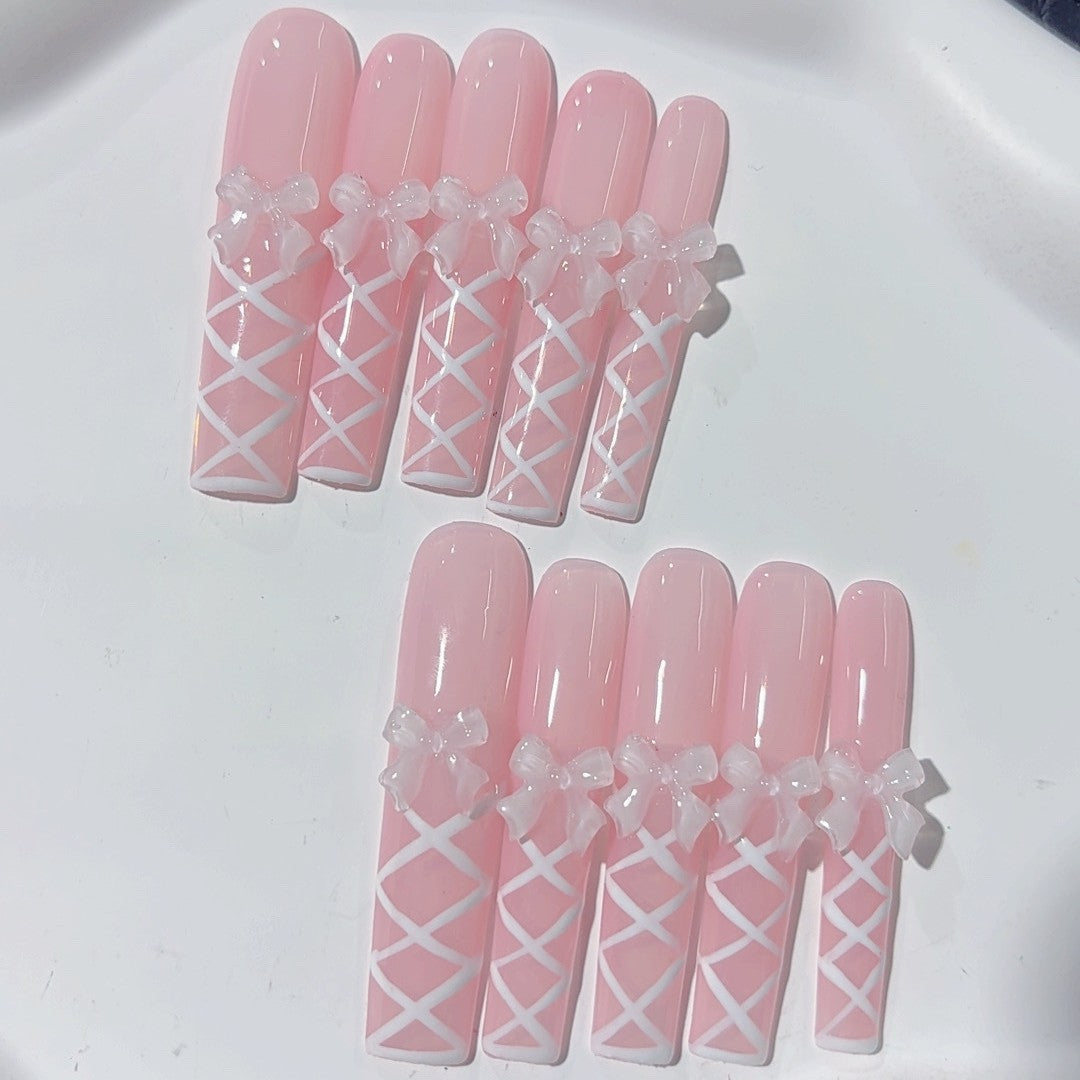 柔粉蝴蝶結蕾絲甜美法式穿戴甲