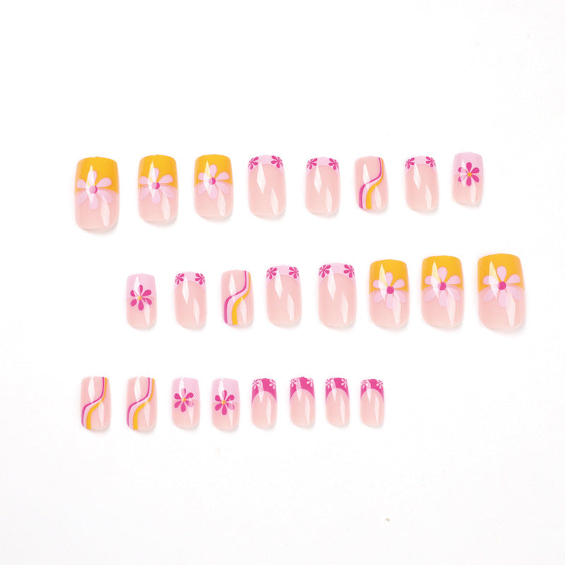 粉黃邊法式花朵波浪成品甲片 批發｜365nails