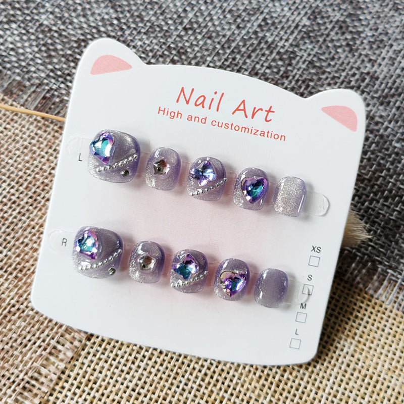 365nails: "aurora lavender starheart" – short squoval handmade kids press-on nails