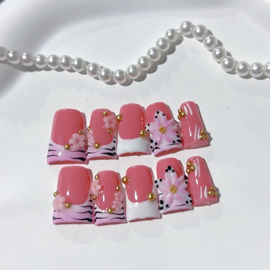 Sakura Punk: "Pink Zebra Sakura" – Short Square Pink & Zebra Print Handmade Press-On