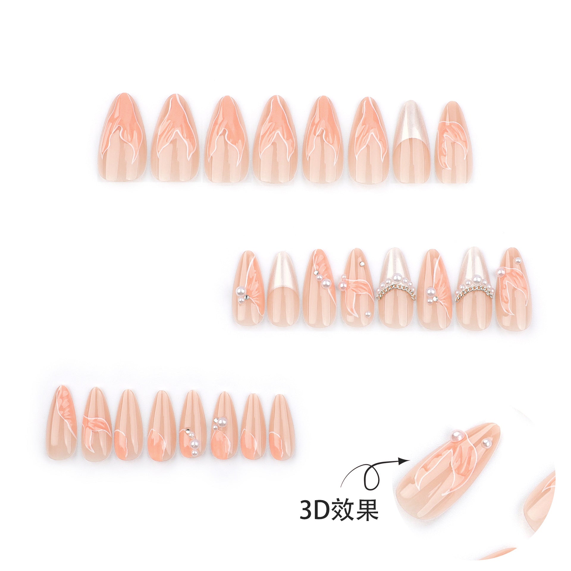 熱銷魚尾穿戴甲 短款 3D 珍珠閃鑽 成品甲 批發｜365nails