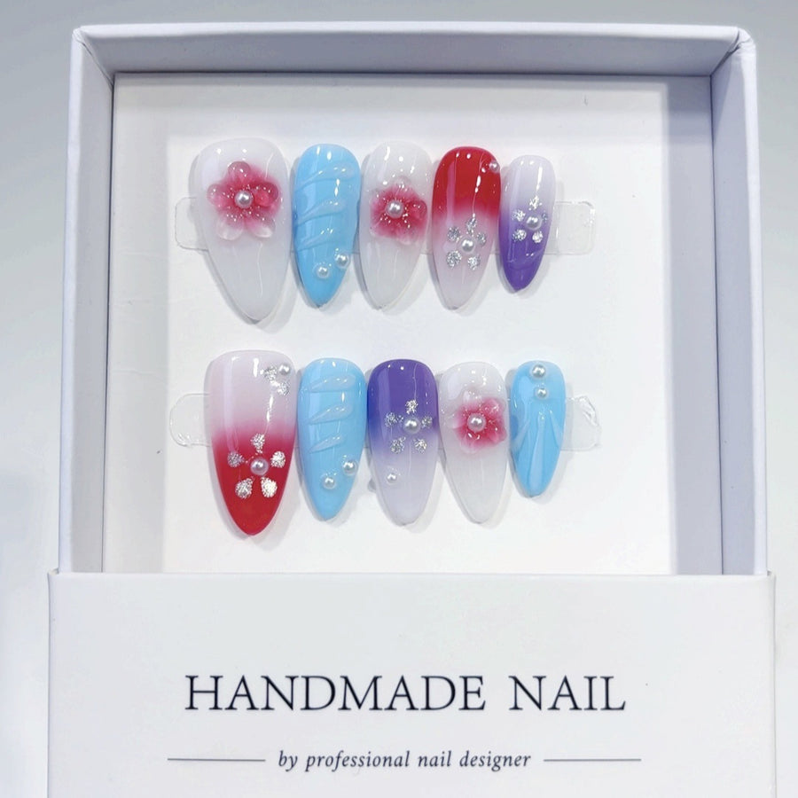 365nails: "Colorful Floral Gradient" – Medium Almond Multicolor Floral Handmade Press-On Nails