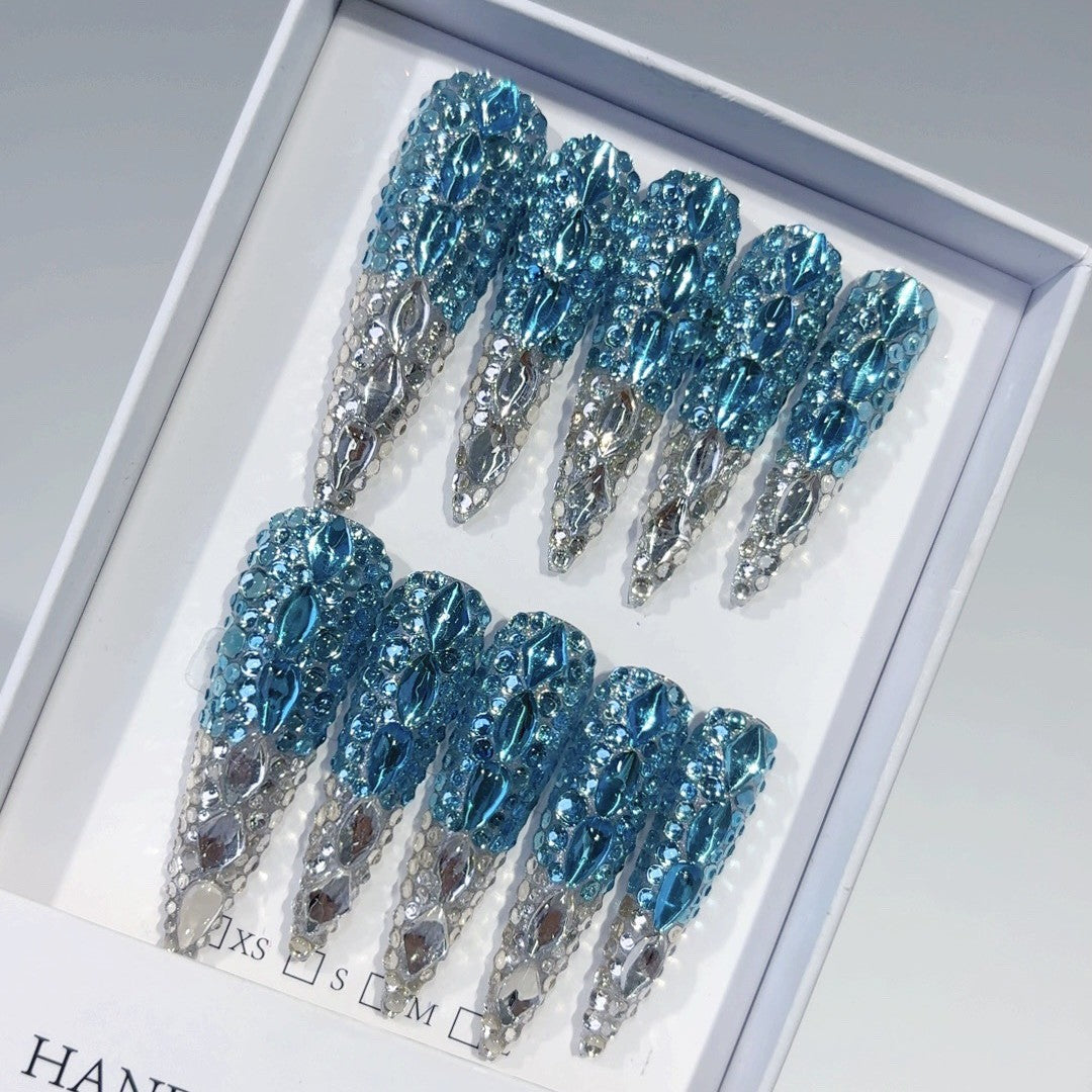 Icy Blue Crystal Embellished Luxury Statement Press On Nails