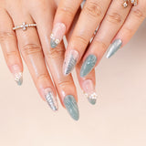Mist Blue Pearl Accent Nails with Floral Details