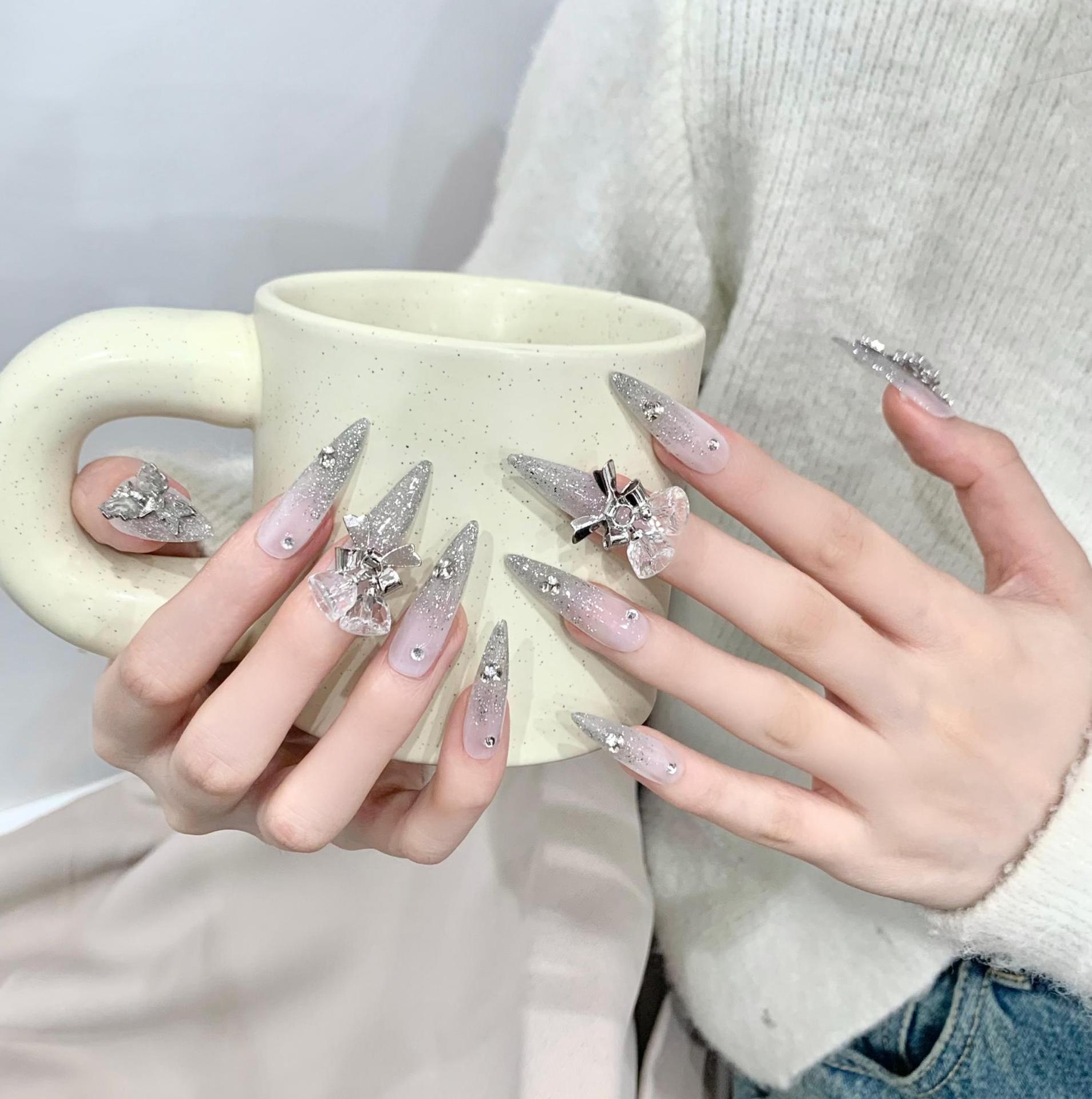 365nails: "Silver Seraph" – 3D Angel Wing & Bow Handmade Long Stiletto Nails