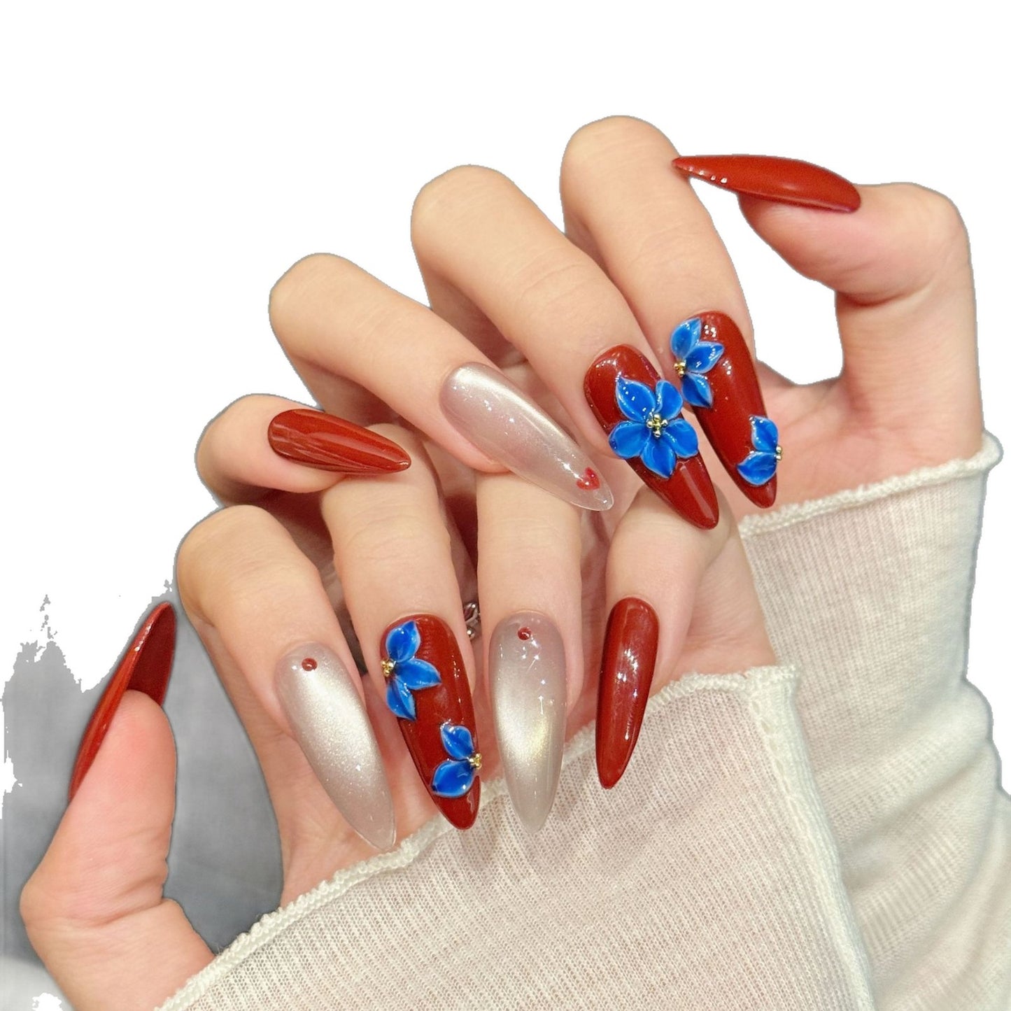 Red Pearl Nails with Blue Floral Accents