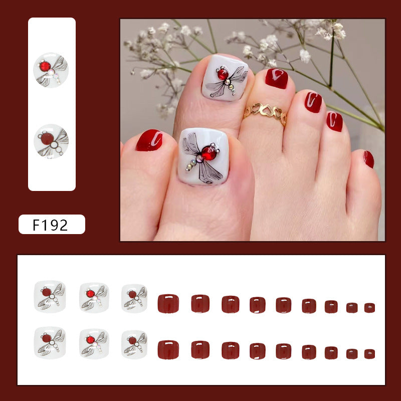 Uñas postizas de verano elegantes con destellos de color burdeos y diamantes, con atmósfera de libélula, producto terminado, extraíbles, 24 piezas ｜365nails