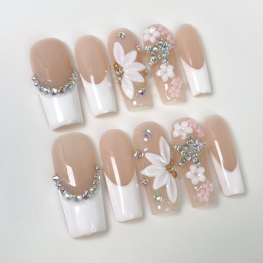 Vento doce e suave tridimensional esculpido longo remendo de unha gelo transparente francês puro desejo unhas postiças feitas à mão ｜ 365nails