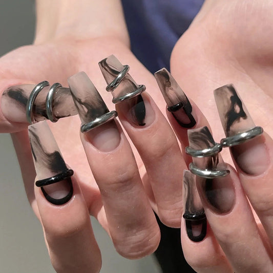Nail piece Wear nail matte black smudge nail patch Fake nail patch Wear nail medium and long nail patch｜365nails