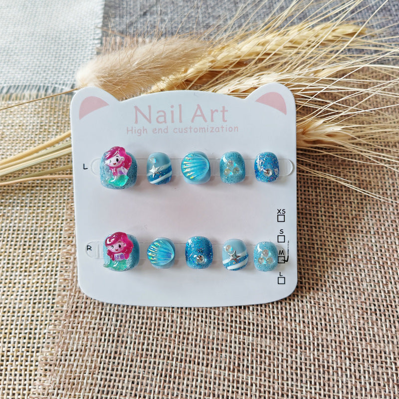 365Nails: "Mermaid Ocean Dream" – Handmade Cute Short Oval Press On Nails With Little Mermaid & Seashell Design
