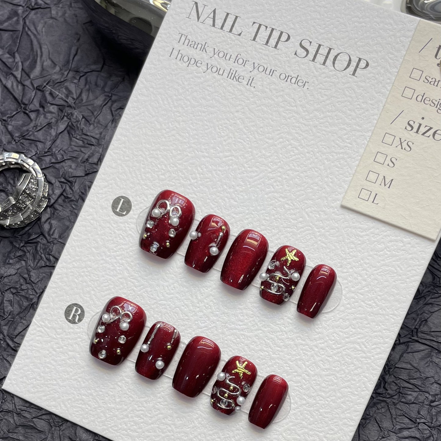 Wine Red Pearl Christmas Press‑On Nails – Snowflake & Ribbon Design