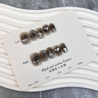Uñas postizas hechas a mano con branquias negras, pieza de arte de uñas fusionadas con metal, calcomanías para uñas removibles y usables, uñas postizas, pieza de uña terminada｜365nails