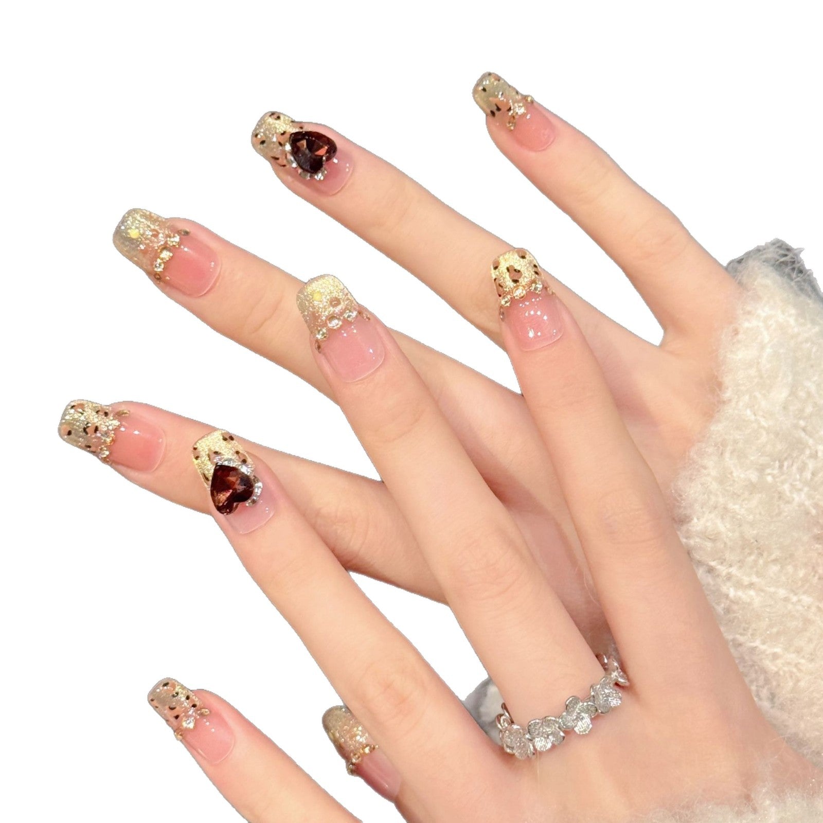 365nails：「黃金時刻」— 3D 心形與亮片點綴 貓眼 手工製 短款 杏仁形 甲片