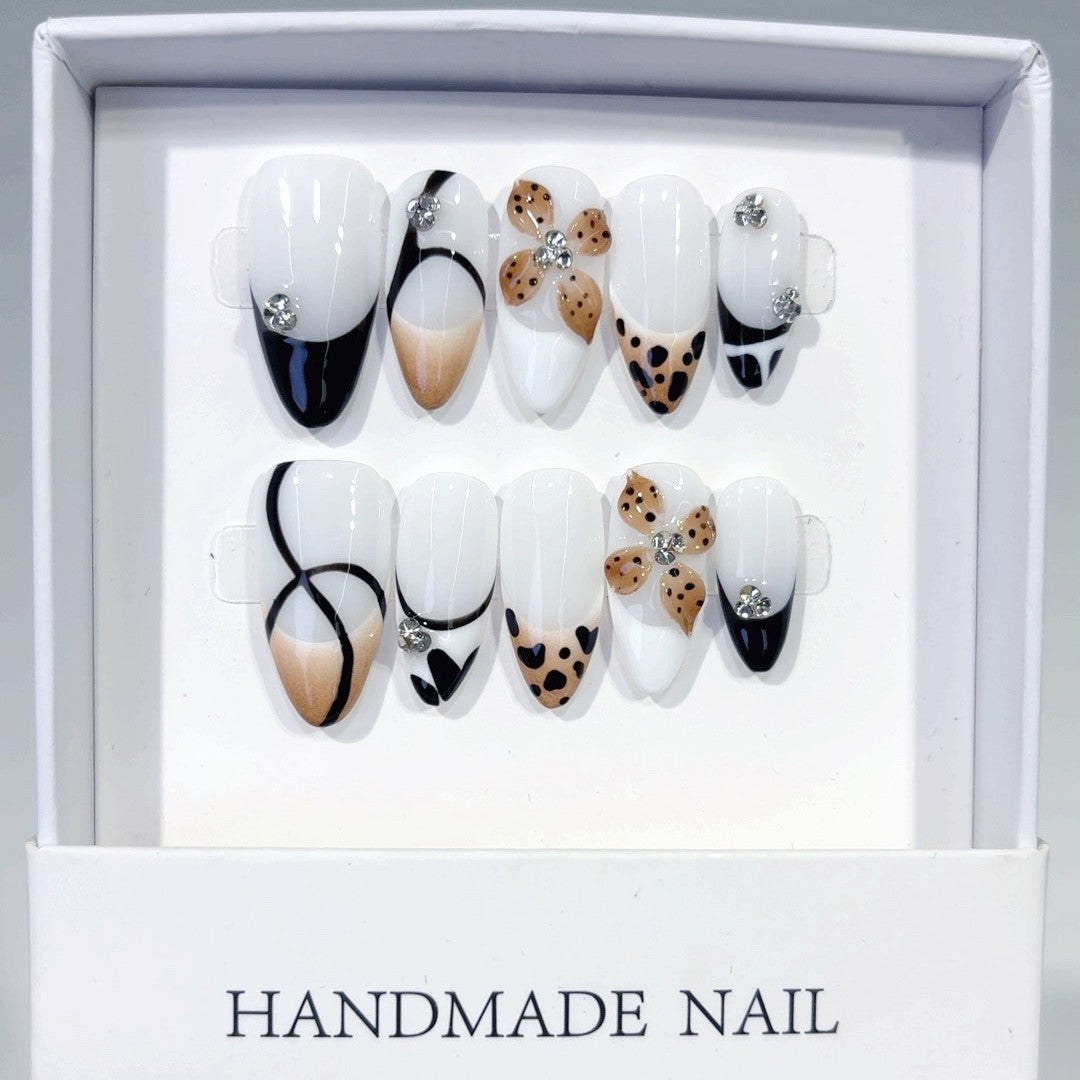 Edgy Monochrome Series: "Leopard Bikini" – Long Almond Handmade Press-on Nails
