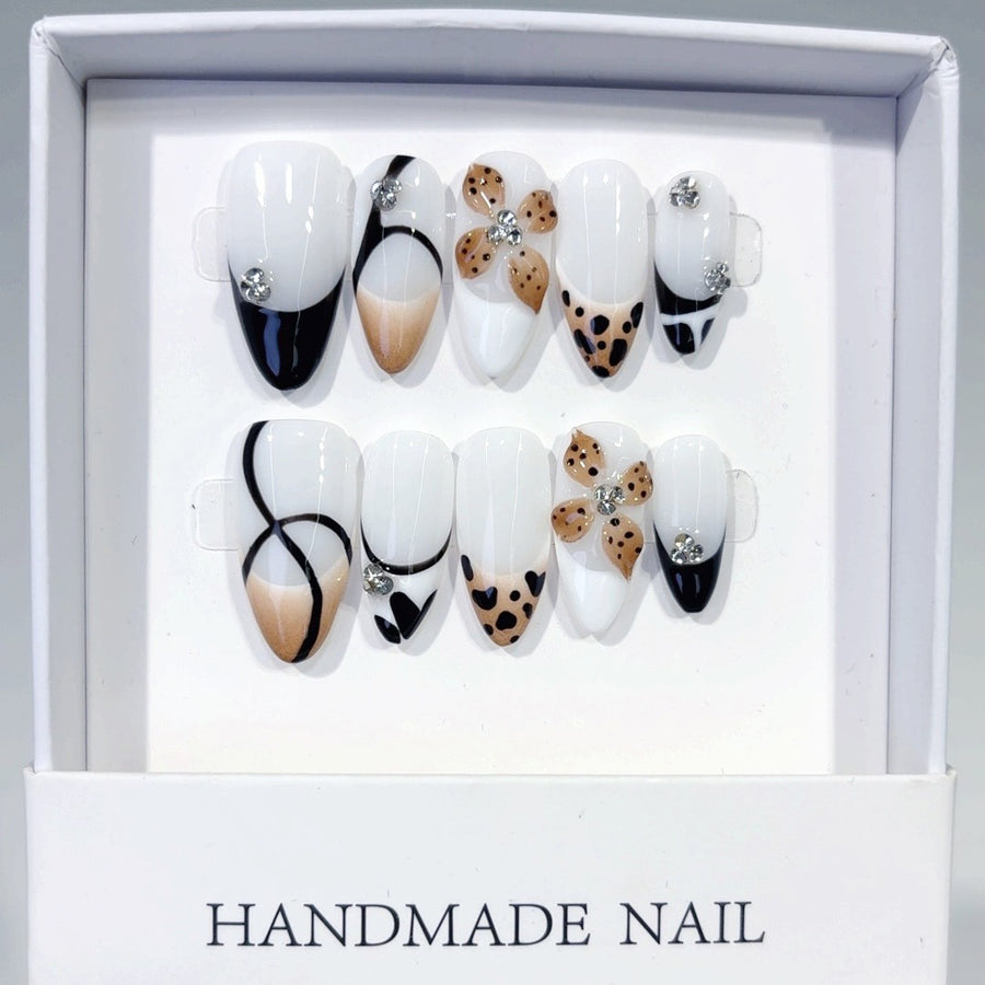 Edgy Monochrome Series: "Leopard Bikini" – Long Almond Handmade Press-on Nails