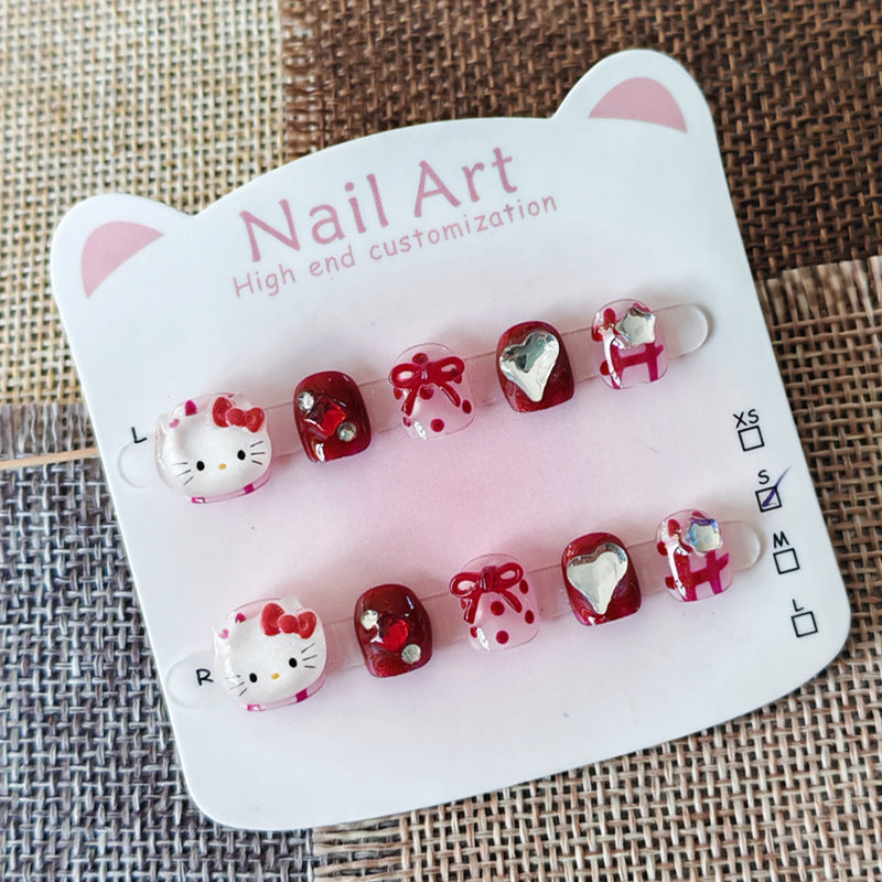 365nails: "retro cherry kitty" – short squoval handmade kids press-on nails