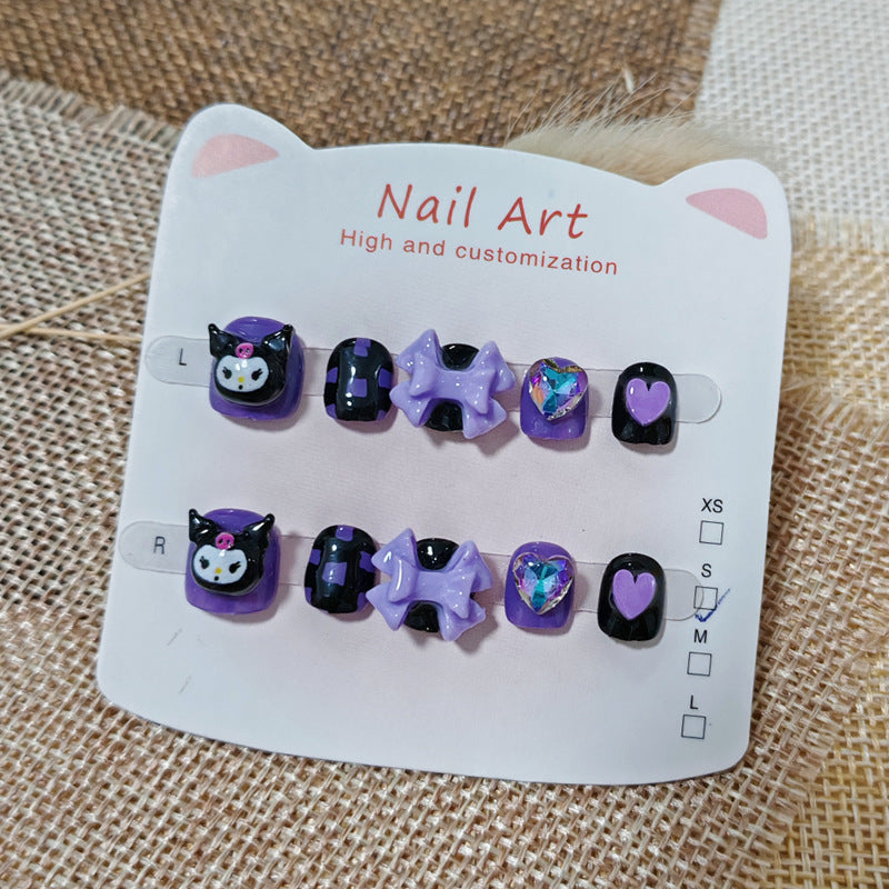 365Nails: "Kuromi Dark Purple Fantasy" – Handmade Cute Short Oval Press On Nails With Kuromi & Bow Design