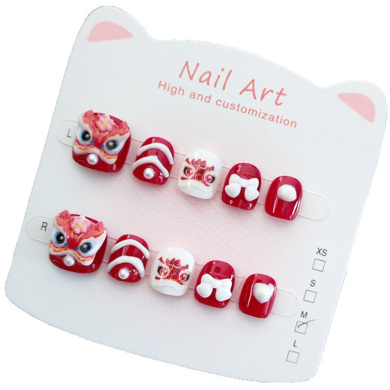 365Nails: "Auspicious Lion Dance" – Handmade Cute Short Oval Press On Nails With Chinese Lion Dance Design