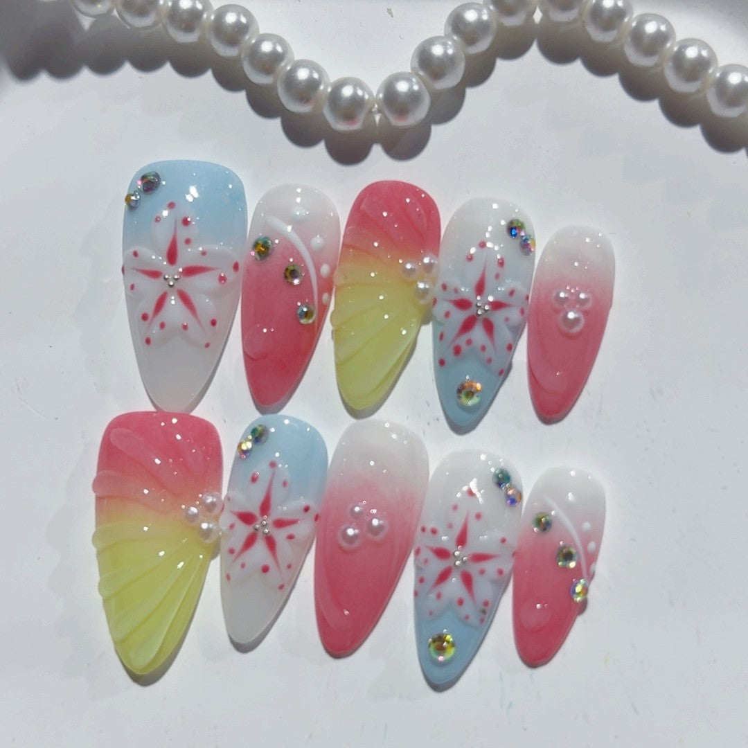 365nails-Ocean Breeze: "Coral Starfish" – Almond Shape Handmade 3D Carved Press-On Nails