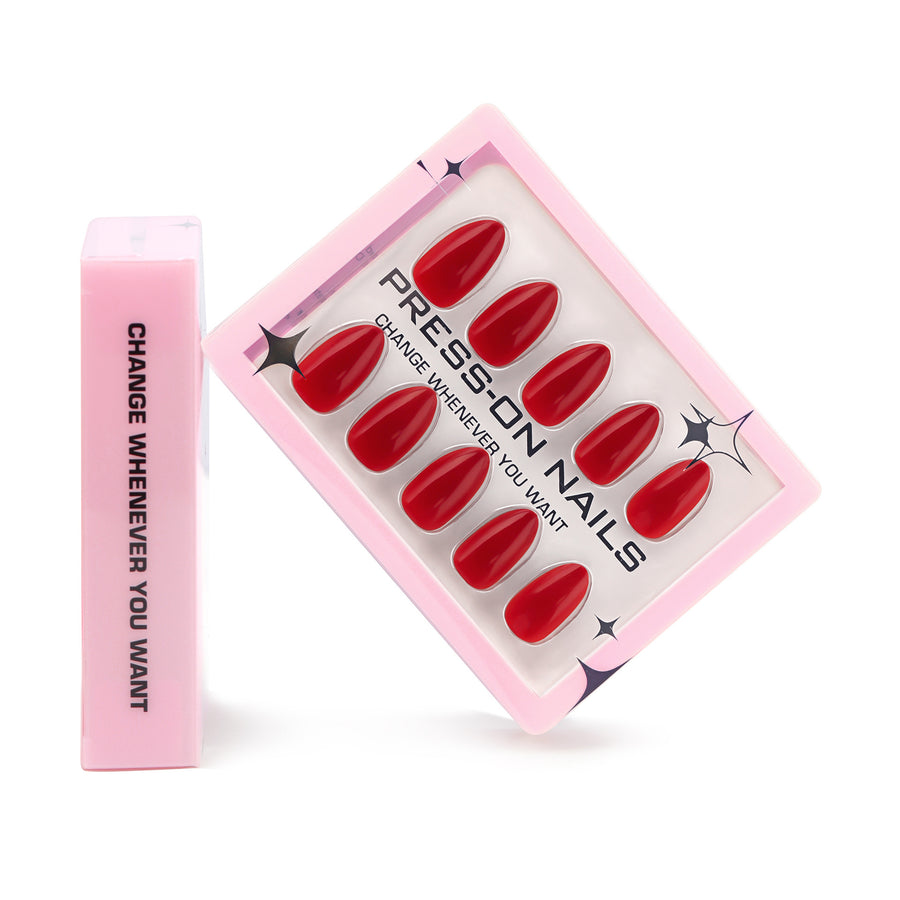 Premium Sense 30 pièces en boîte, ongles à porter, grand rouge uni gel nail art, ongles courts amande, faux ongles｜365nails