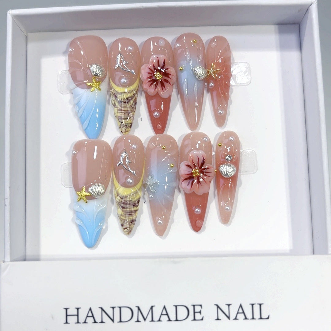 Coastal Bloom: "Seashell & Flower" – Long Almond Handmade Press On Nails