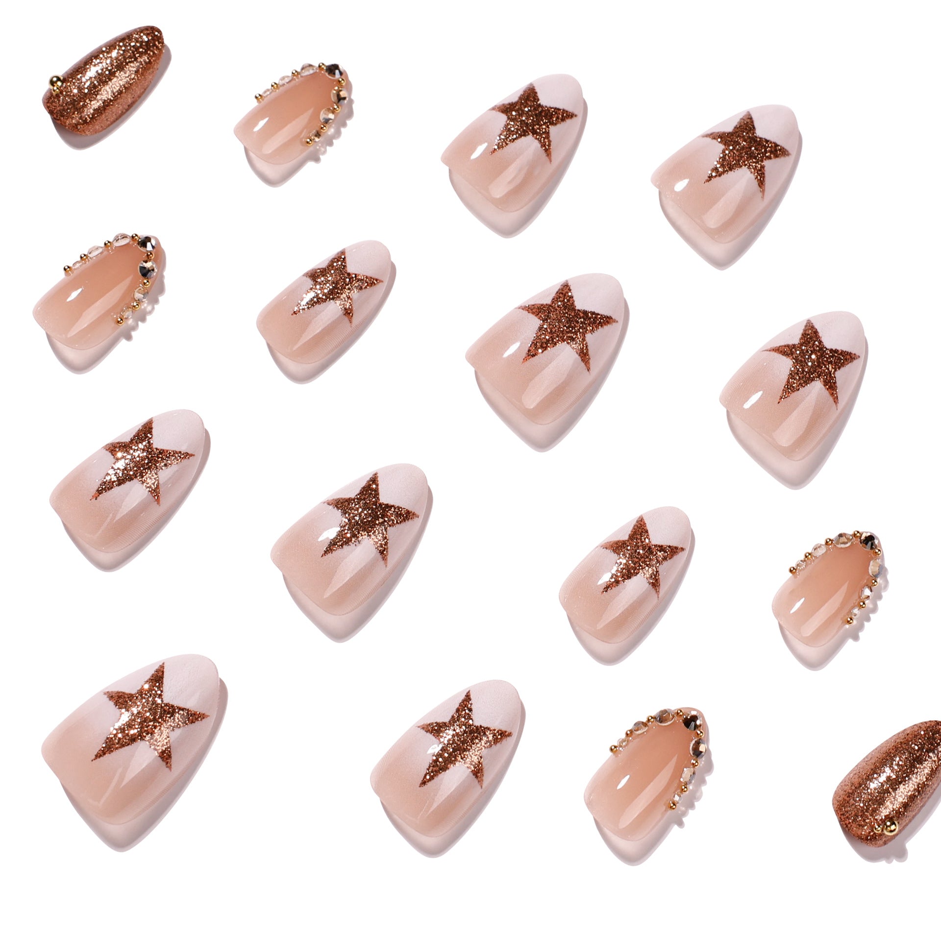 365nails: "Bronze Star Ombre Almond" – Rhinestone Chain Press-on Nails