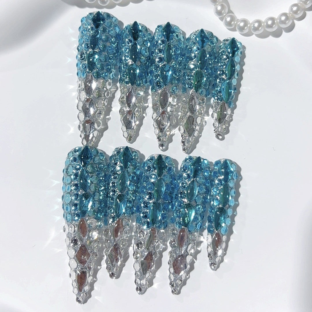 Icy Blue Crystal Embellished Luxury Statement Press On Nails