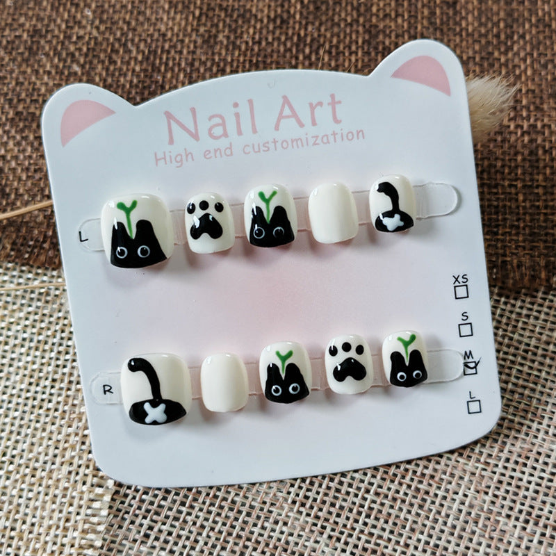 365nails: "sprouting black cat" – short round handmade kids press-on nails
