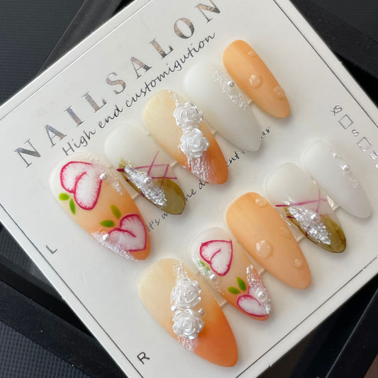 Handmade manicure Internet celebrity nail early spring fresh girl rose fake nails white fairy press-on nails | 365nails