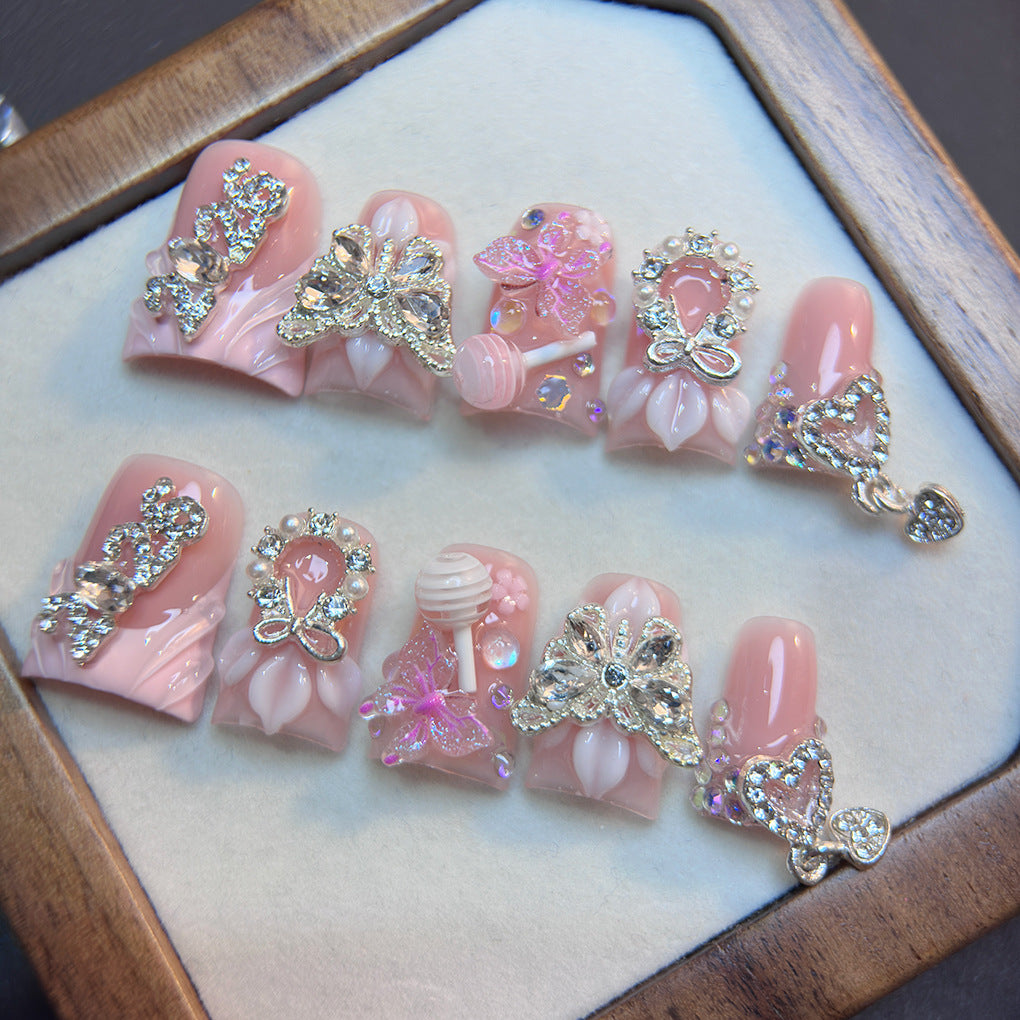 Soft Pink Crystal Butterfly Floral Press On Nails