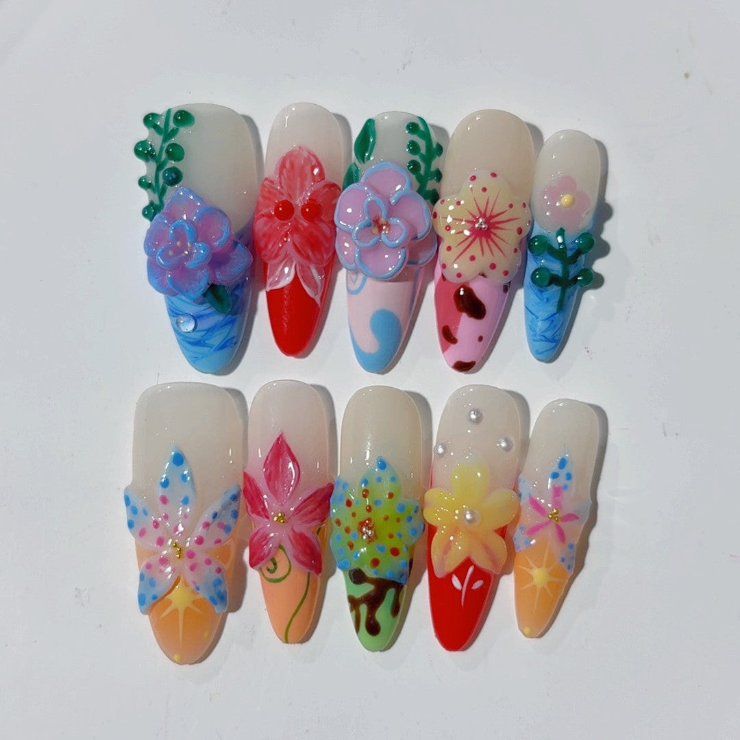 Rainbow Garden: "Mixed Floral" – Almond Press-On Nails