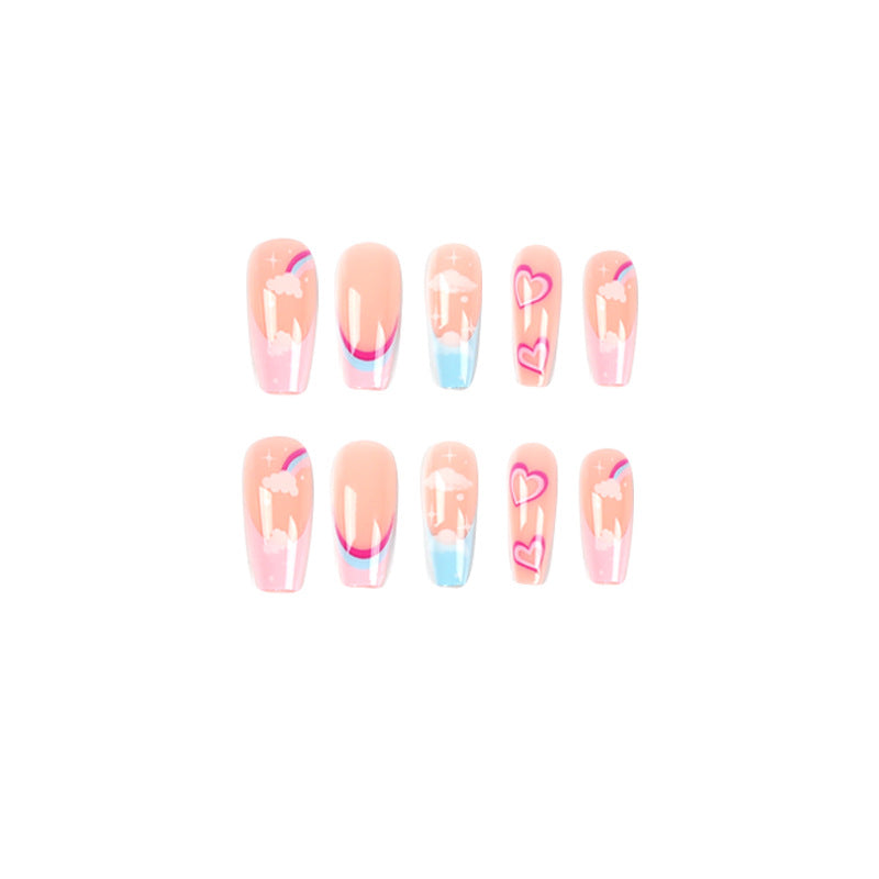 Pressione em Rainbow Cloud Multicolor French Edge Love Pressione em unhas Atacado Unhas Removíveis ｜ 365nails
