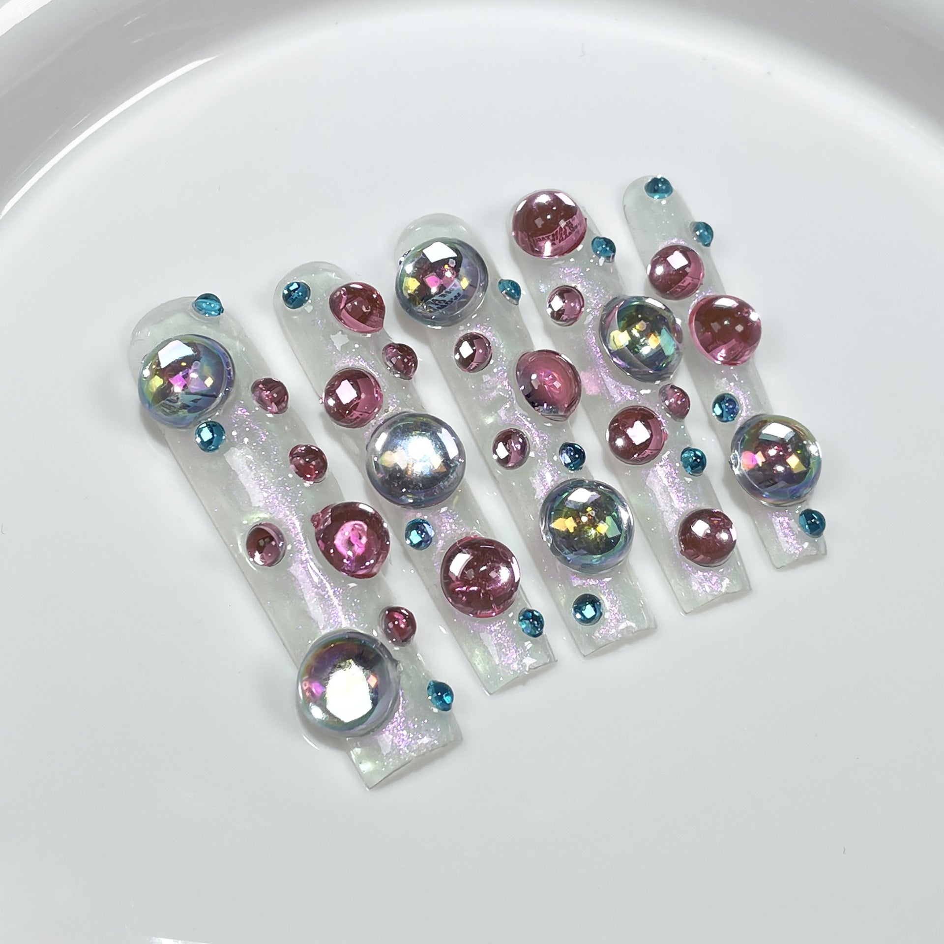 Unhas longas estilo supr water pip aurora AB magic glass bads handmad press-on longas ｜365nails
