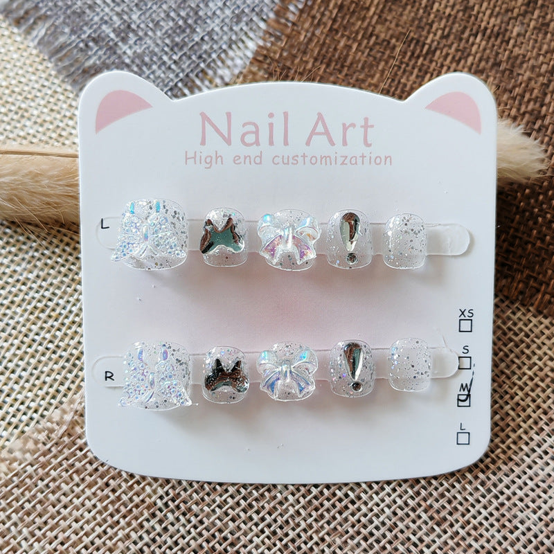 365nails: "ice clear aurora bow" – short round handmade kids press-on nails