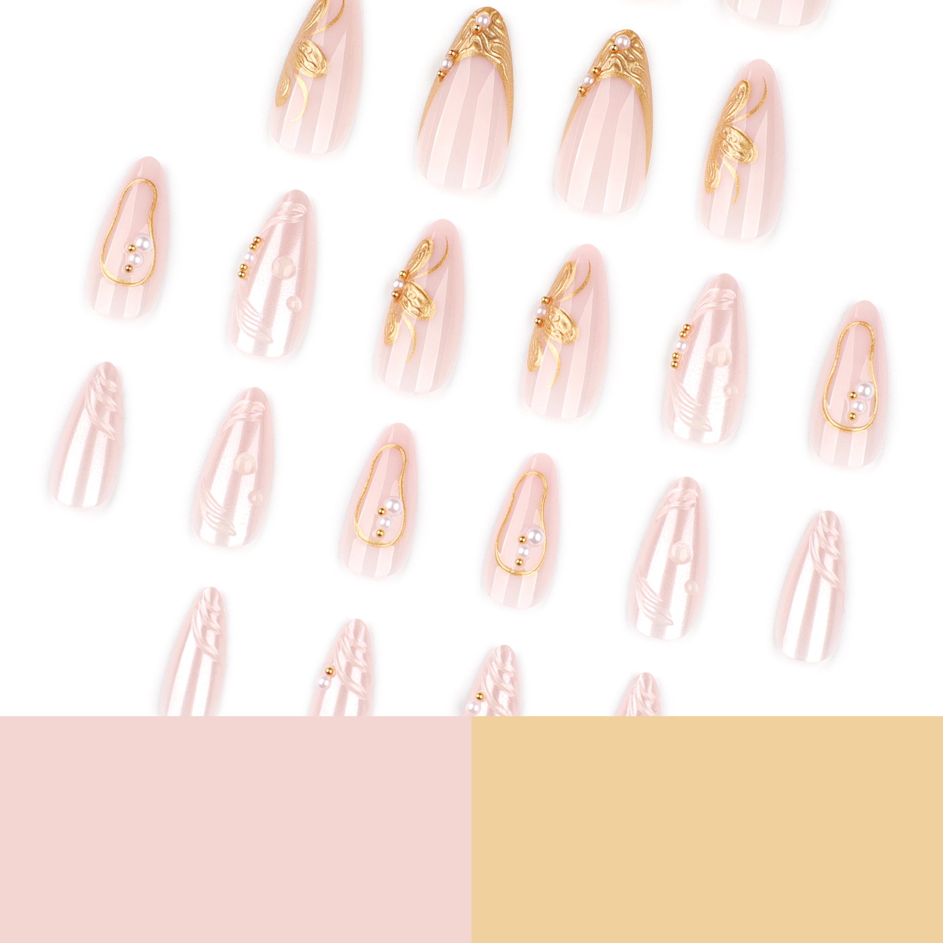 Almond Press On Nails with Pearl Finish & Gold Butterfly Accents