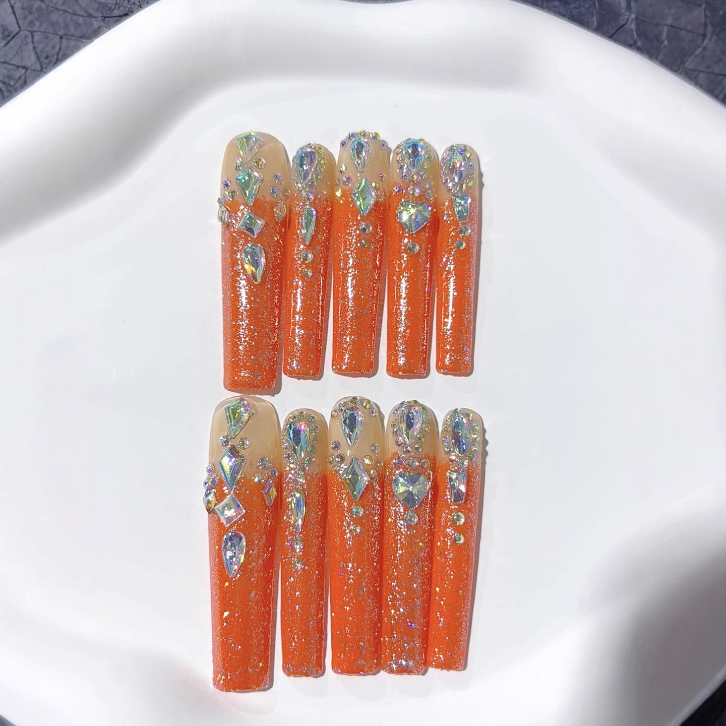 Orange Crystal Shimmer Press On Nails