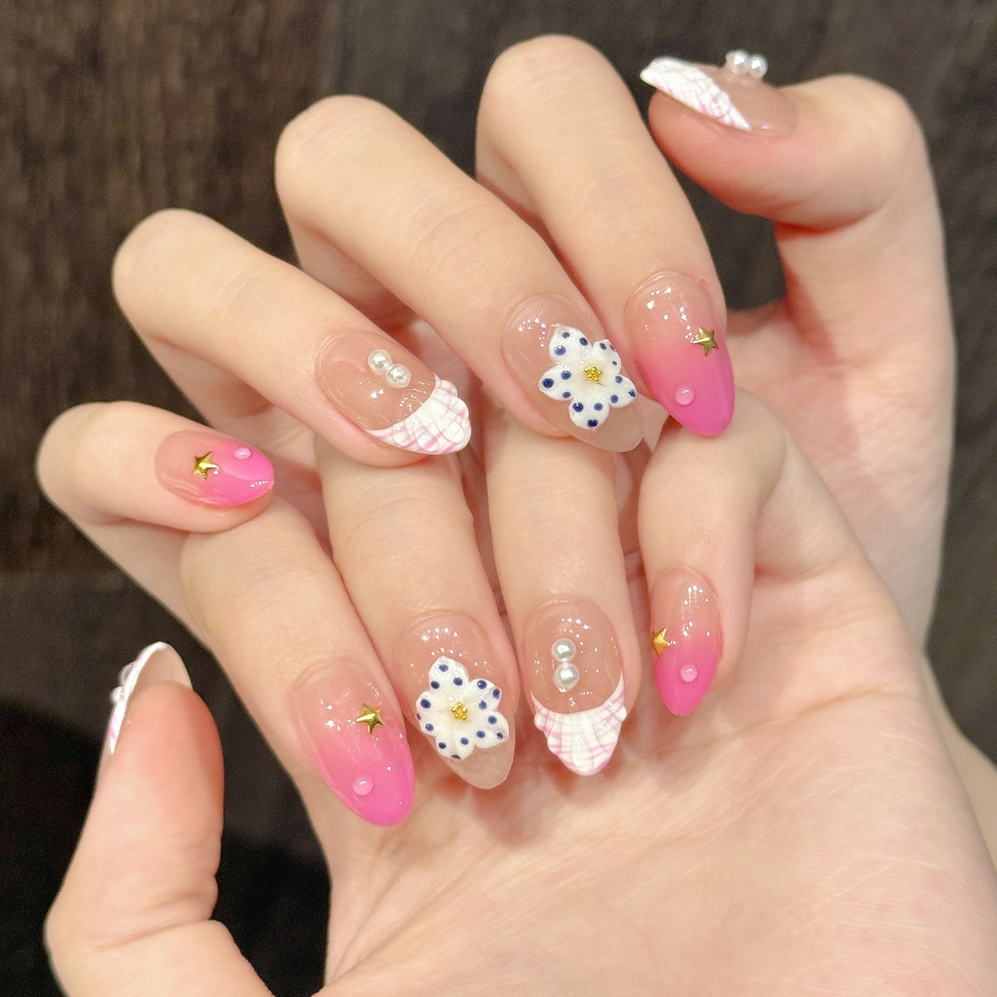 Pink Daisy Cute Plaid Sweet Nails