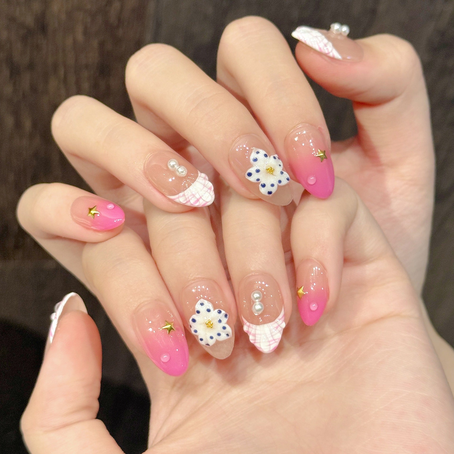 Pink Daisy Cute Plaid Sweet Nails