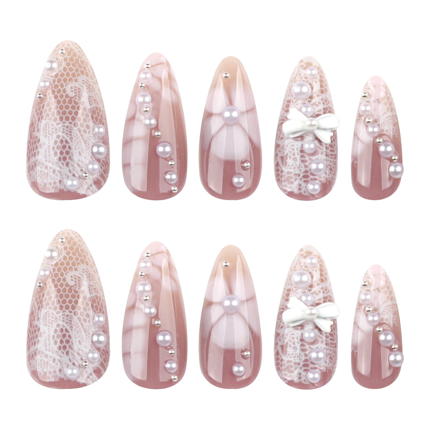 White Lace Gradient Nails with Pearl Bow Details