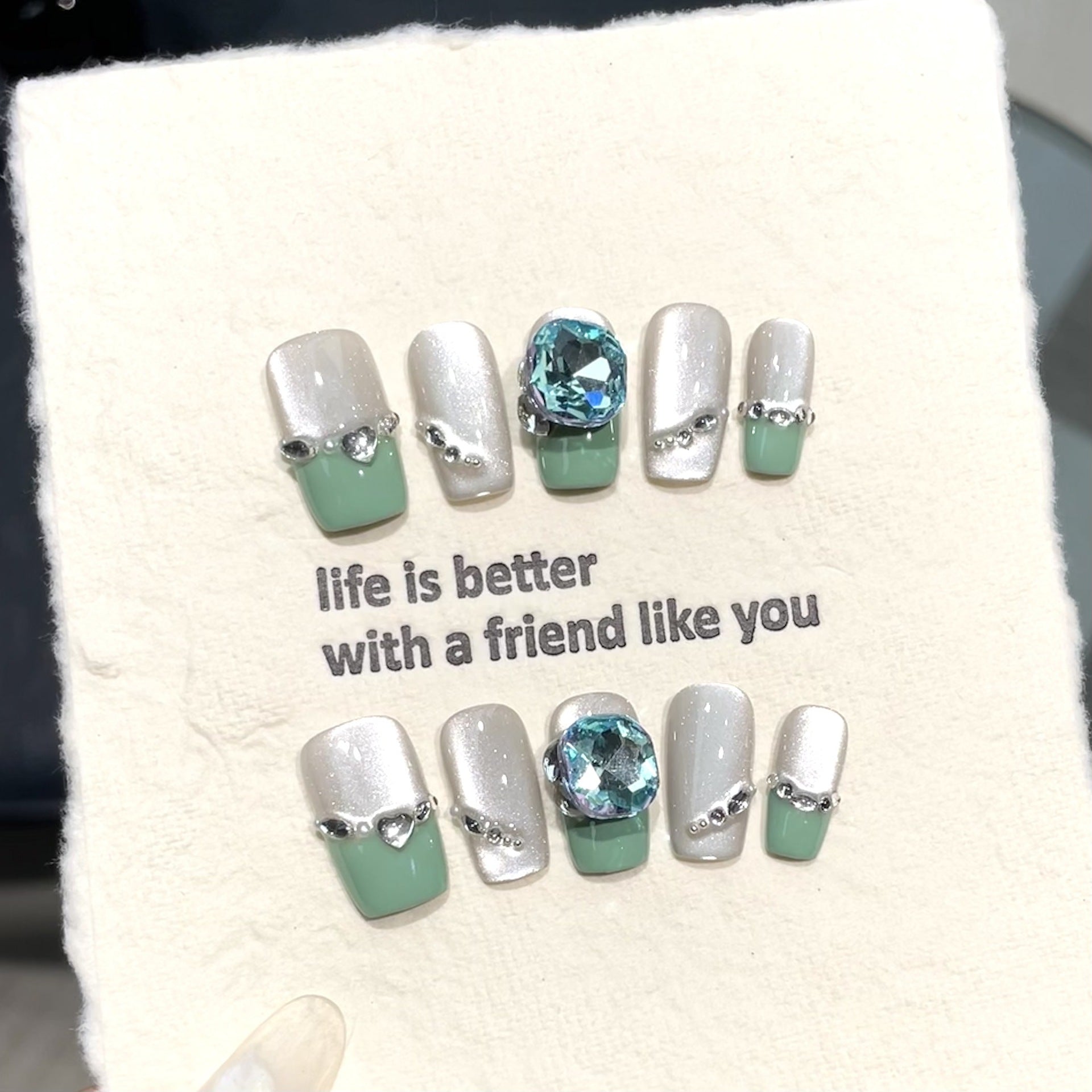 365nails: "Seafoam Opulence" – Silver Mirror French Tip Handmade Square Nails