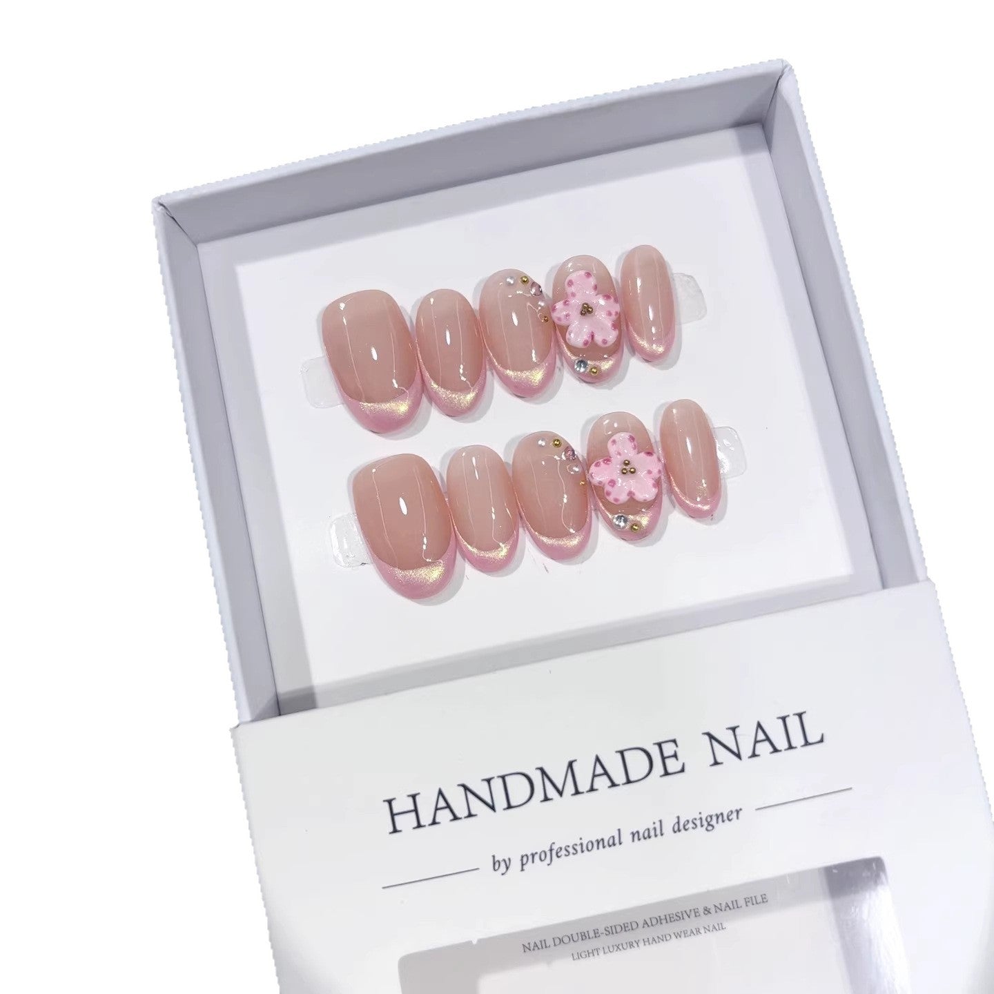 Sakura French: "Pink Flower & Magnetic Cat Eye" – Short Square Press-On Nails